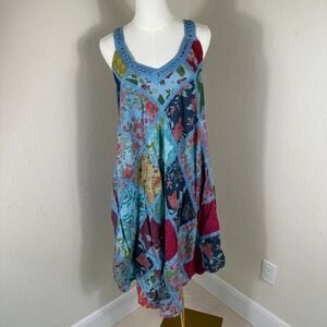 Advance Patchwork Midi Dress Womens OS Blue Floral Crochet Trim Boho Cottagecore